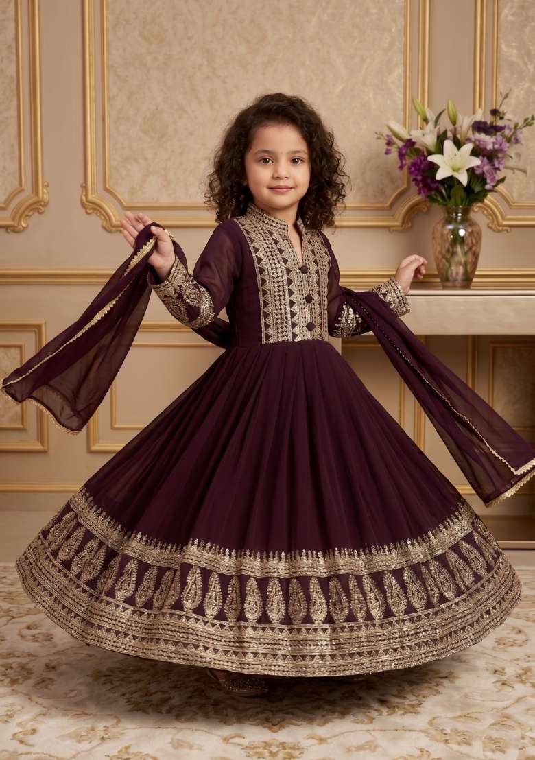 Wine Embroidered Georgette Gown With Dupatta For Girls - Indya