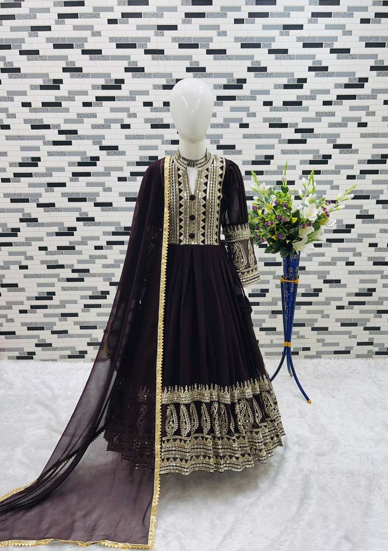 Wine Embroidered Georgette Gown With Dupatta For Girls - Indya