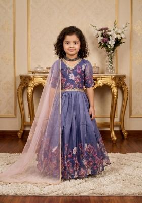 Multicolor Printed Silk Gown With Dupatta For Girls