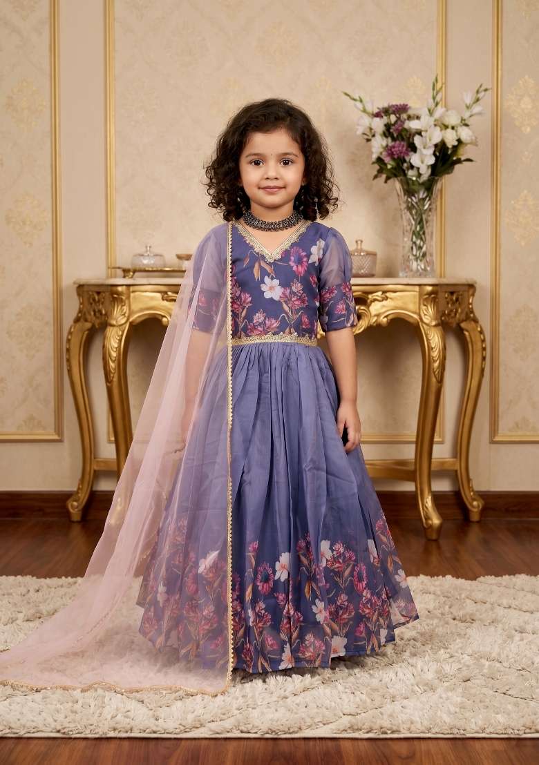 Multicolor Printed Silk Gown With Dupatta For Girls - Indya