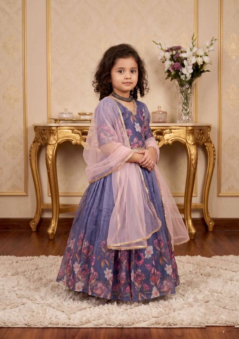 Multicolor Printed Silk Gown With Dupatta For Girls - Indya