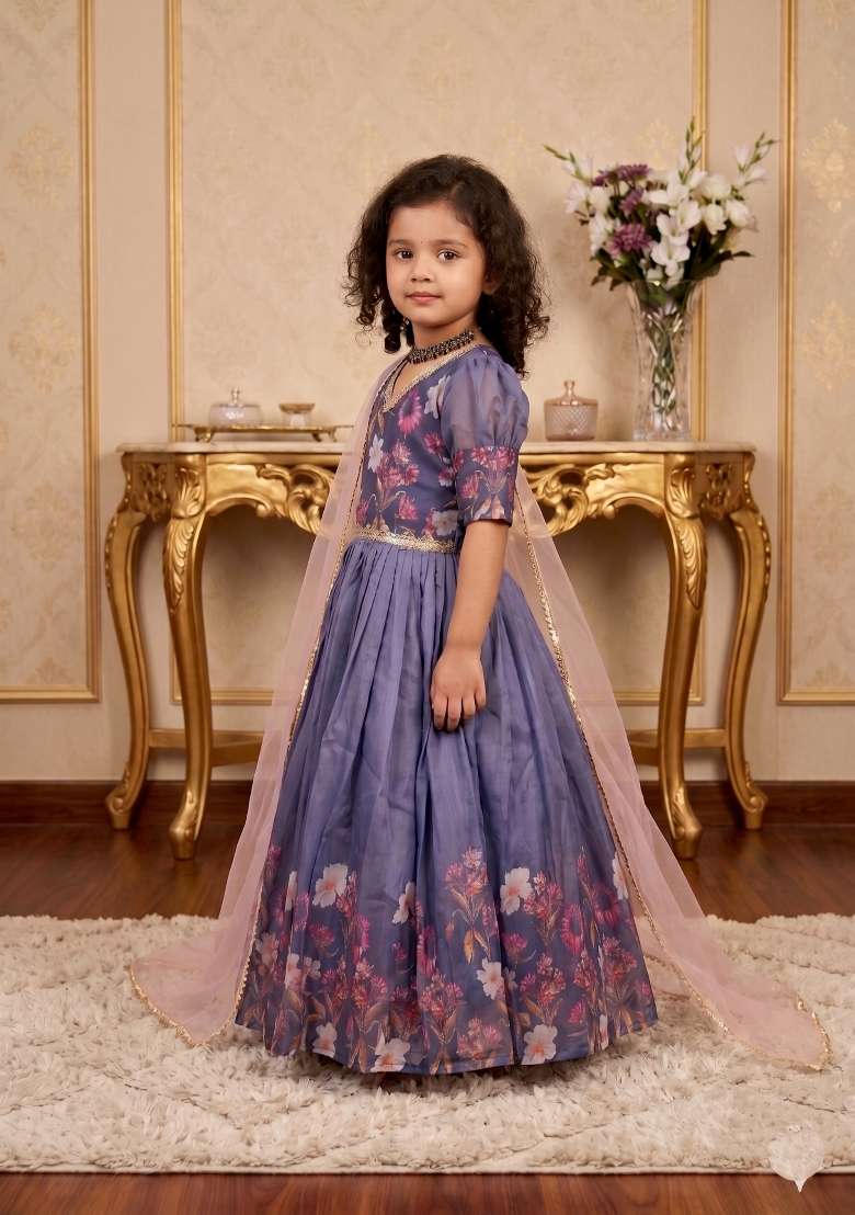 Multicolor Printed Silk Gown With Dupatta For Girls - Indya