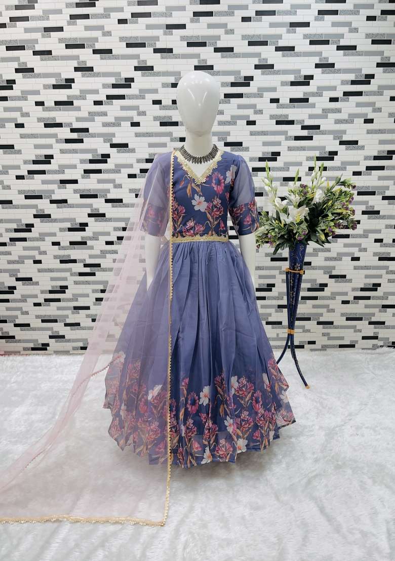 Multicolor Printed Silk Gown With Dupatta For Girls - Indya