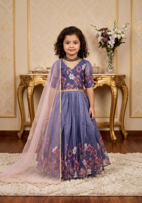 Multicolor Printed Silk Gown With Dupatta For Girls