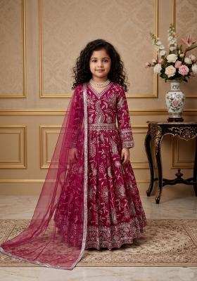 Dark Pink Embroidered Georgette Gown With Dupatta For Girls