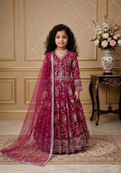 Dark Pink Embroidered Georgette Gown With Dupatta For Girls