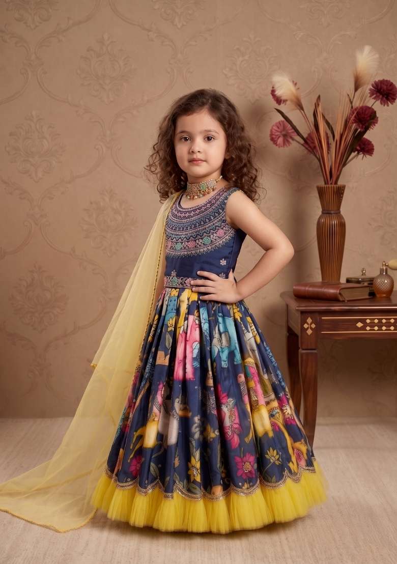 Multicolor Embroidered Chinon Gown With Dupatta For Girls - Indya
