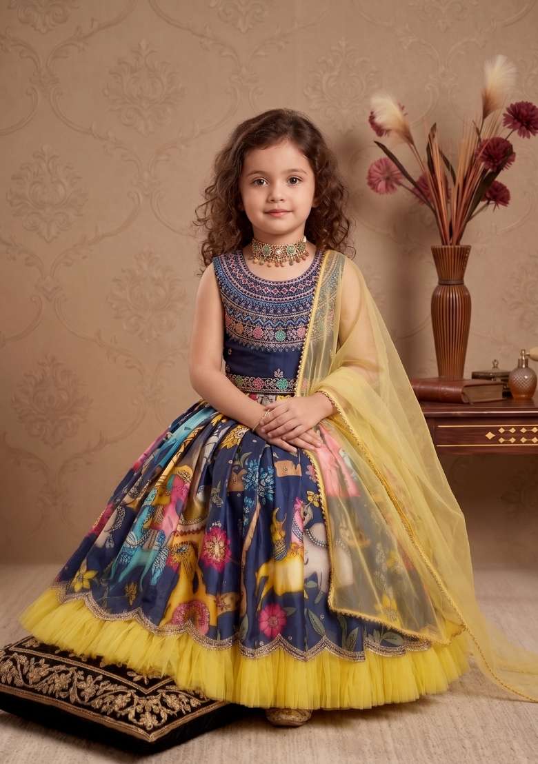 Multicolor Embroidered Chinon Gown With Dupatta For Girls - Indya