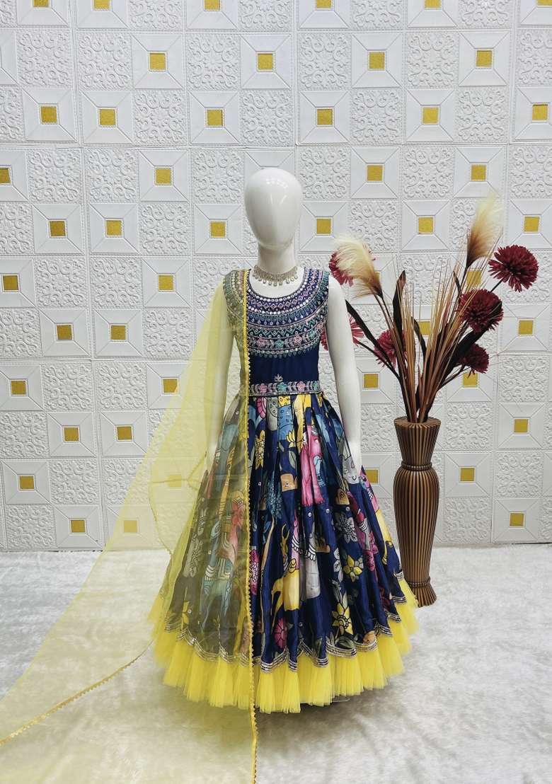 Multicolor Embroidered Chinon Gown With Dupatta For Girls - Indya