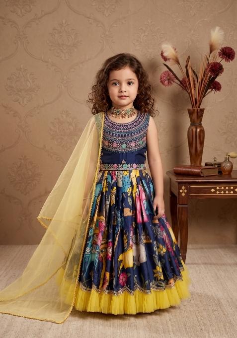 Multicolor Embroidered Chinon Gown With Dupatta For Girls