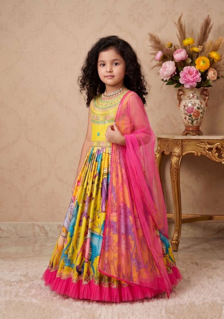 Yellow Embroidered Chinon Gown With Dupatta For Girls - Indya