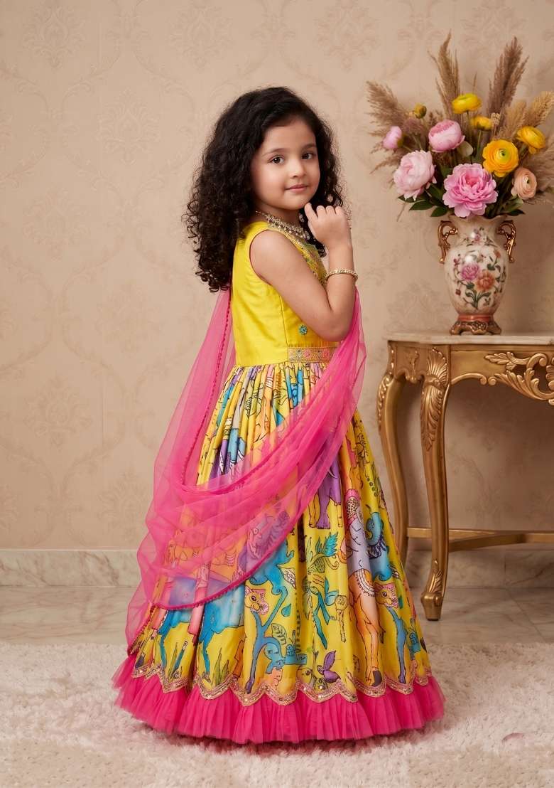 Yellow Embroidered Chinon Gown With Dupatta For Girls - Indya