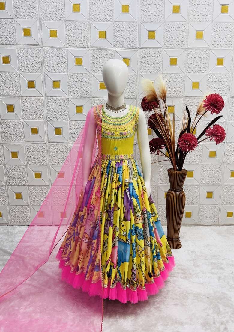 Yellow Embroidered Chinon Gown With Dupatta For Girls - Indya