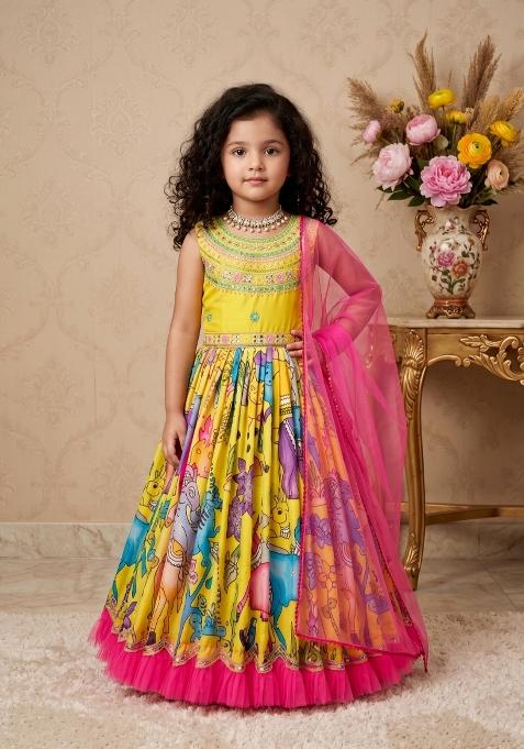 Yellow Embroidered Chinon Gown With Dupatta For Girls