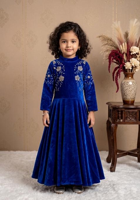 Royal Blue Embroidered Viscose Gown For Girls