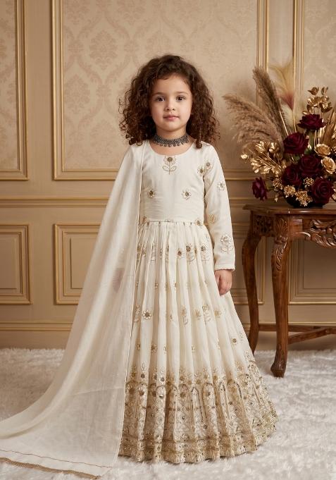 White Embroidered Vichitra Gown With Dupatta For Girls