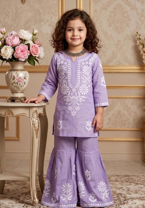 Lavender Embroidered Cotton Co Ords Set For Girls