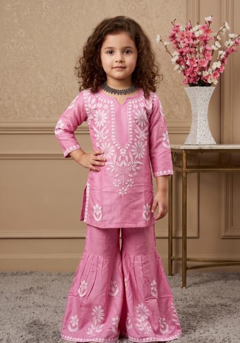 Pink Embroidered Cotton Co Ords Set For Girls