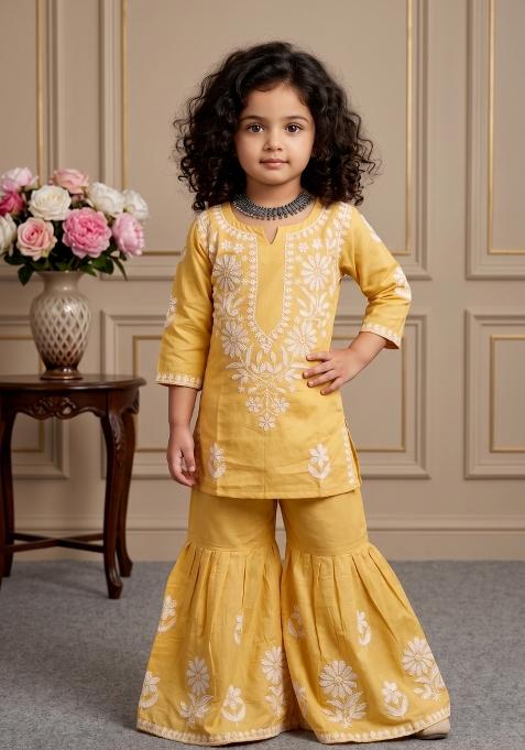 Yellow Embroidered Cotton Co Ords Set For Girls