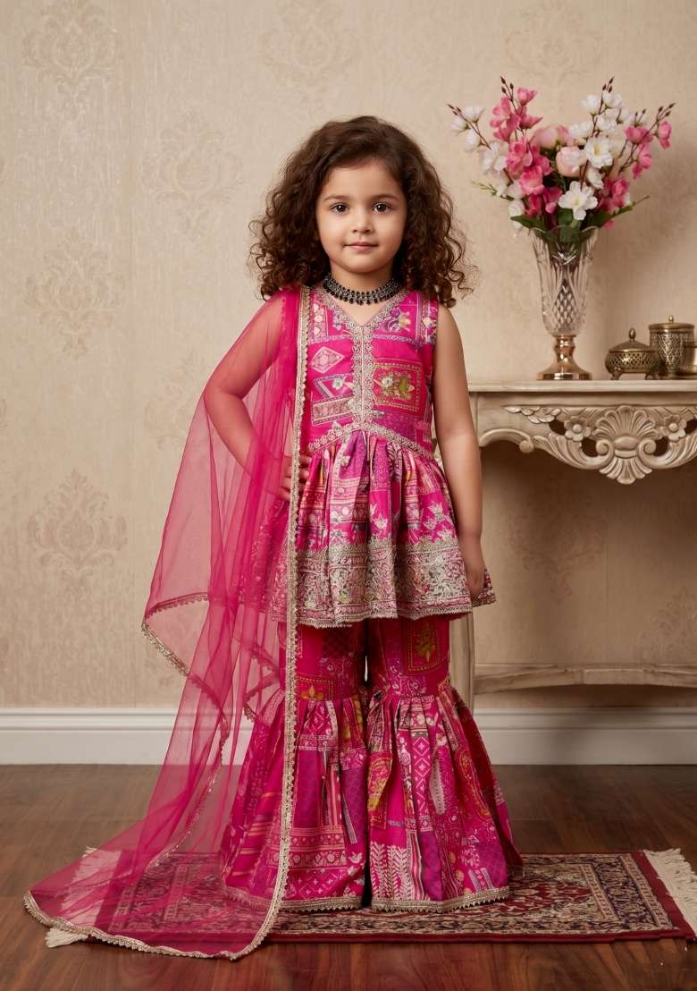 Pink Embroidered Satin Sharara Set For Girls - Indya