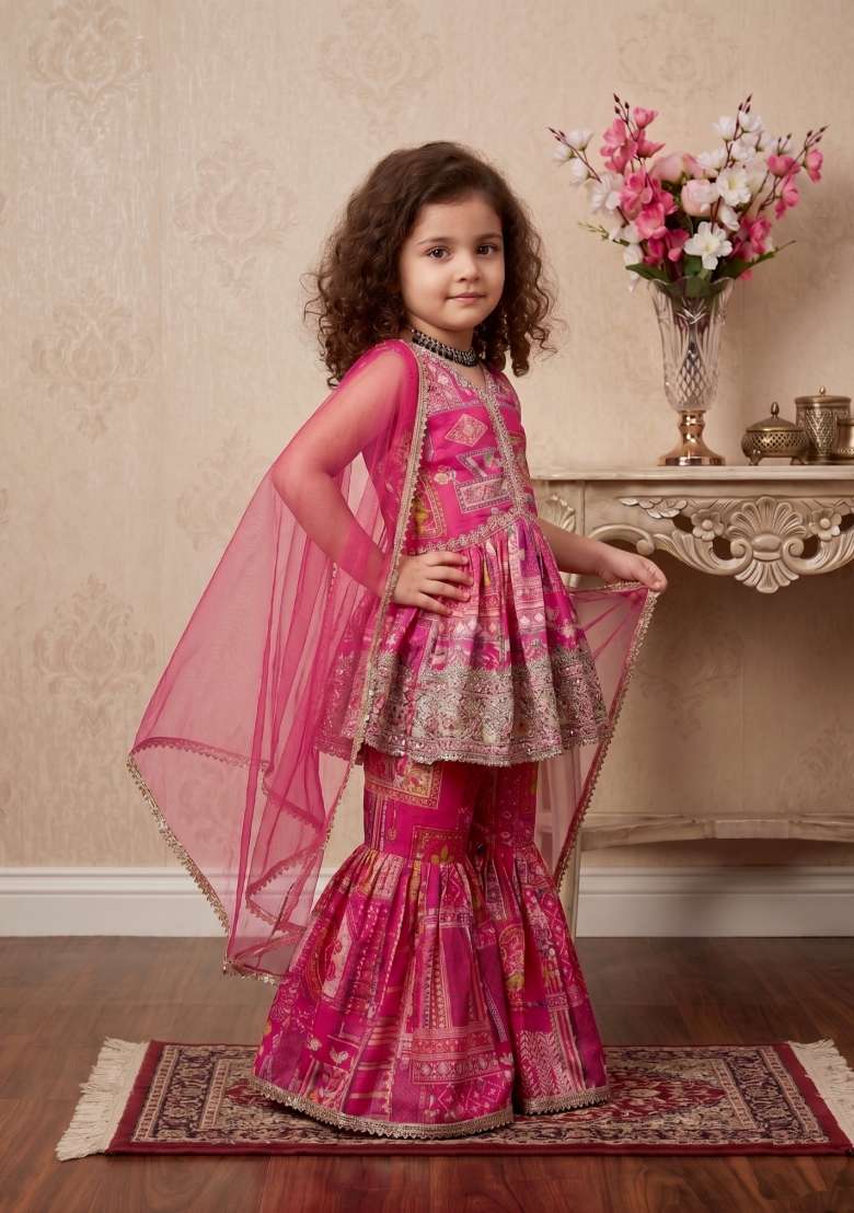 Pink Embroidered Satin Sharara Set For Girls - Indya