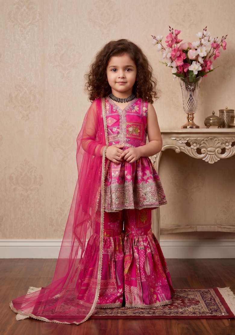 Pink Embroidered Satin Sharara Set For Girls - Indya