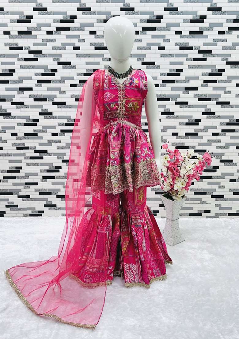 Pink Embroidered Satin Sharara Set For Girls - Indya