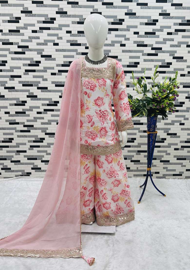 Multicolor Embroidered Chinon Salwar Suits For Girls - Indya