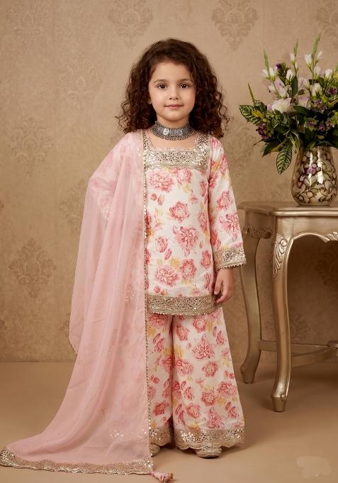 Multicolor Embroidered Chinon Salwar Suits For Girls
