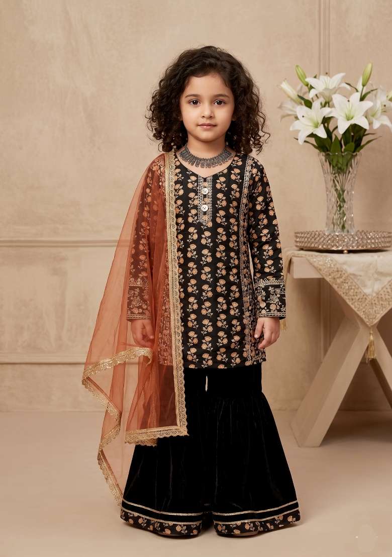 Black Embroidered Chinon Sharara Set For Girls - Indya