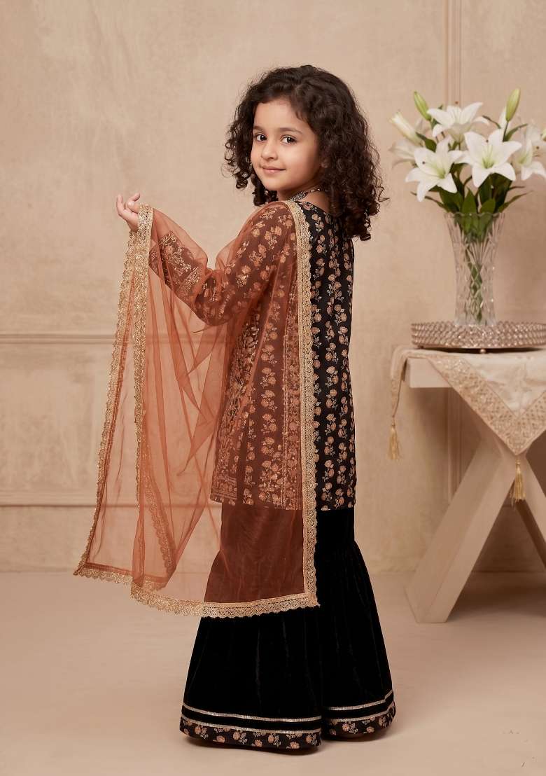Black Embroidered Chinon Sharara Set For Girls - Indya