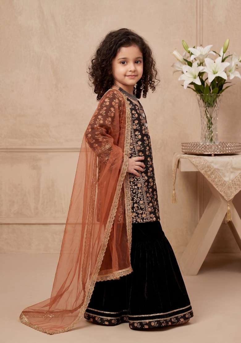 Black Embroidered Chinon Sharara Set For Girls - Indya