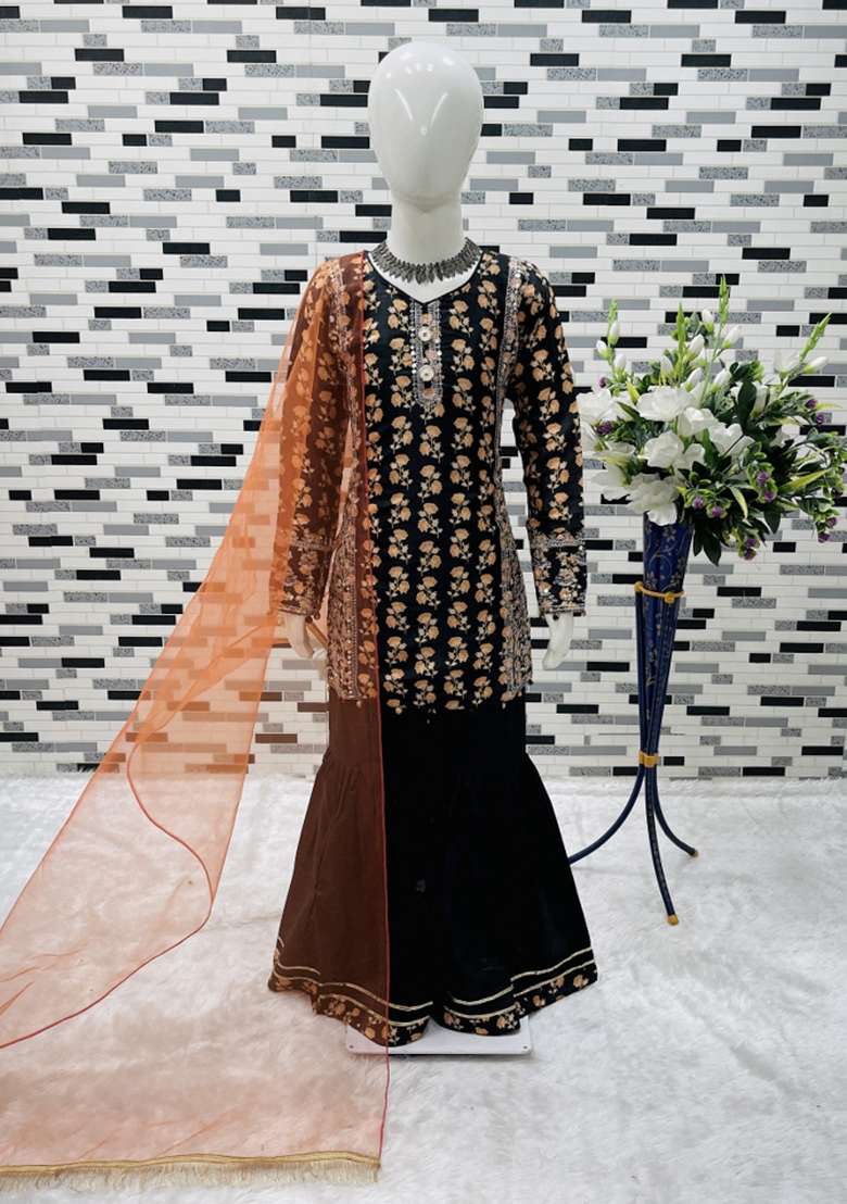 Black Embroidered Chinon Sharara Set For Girls - Indya