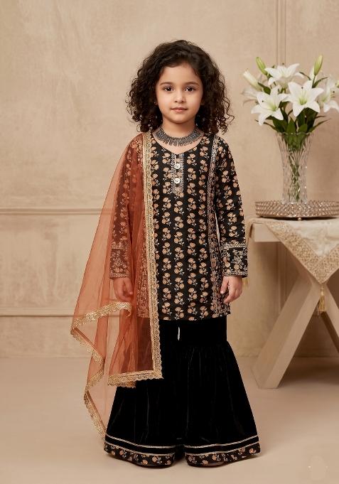 Black Embroidered Chinon Sharara Set For Girls