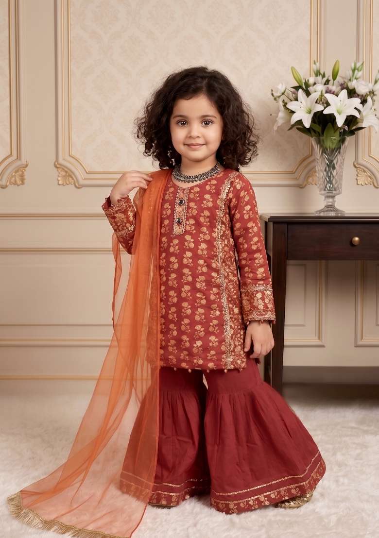 Orange Embroidered Chinon Sharara Set For Girls - Indya