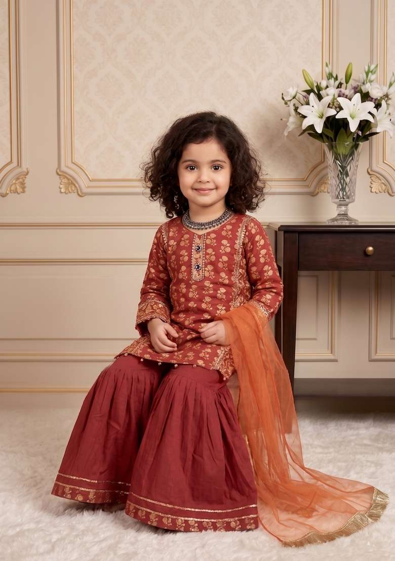 Orange Embroidered Chinon Sharara Set For Girls - Indya