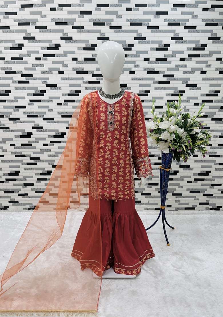 Orange Embroidered Chinon Sharara Set For Girls - Indya