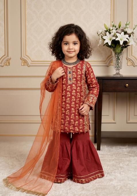Orange Embroidered Chinon Sharara Set For Girls