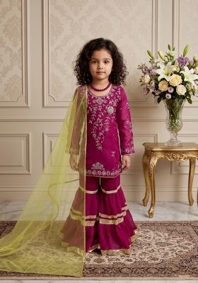 Purple Embroidered Georgette Sharara Set For Girls
