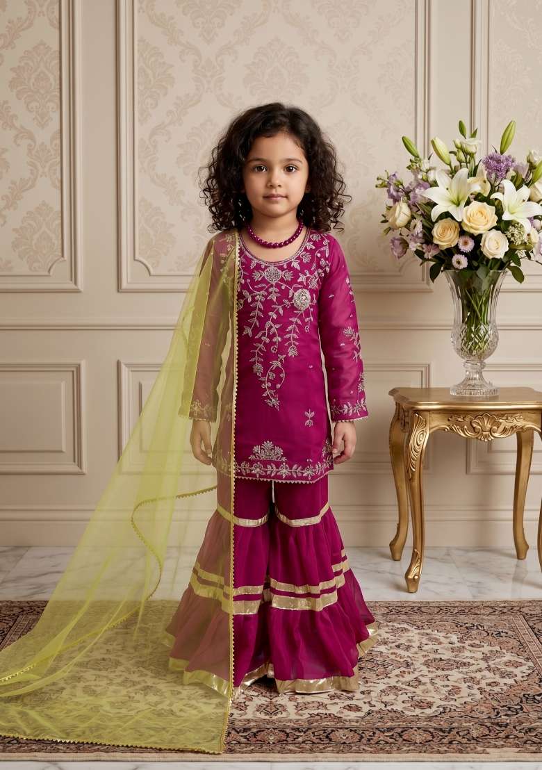 Purple Embroidered Georgette Sharara Set For Girls - Indya