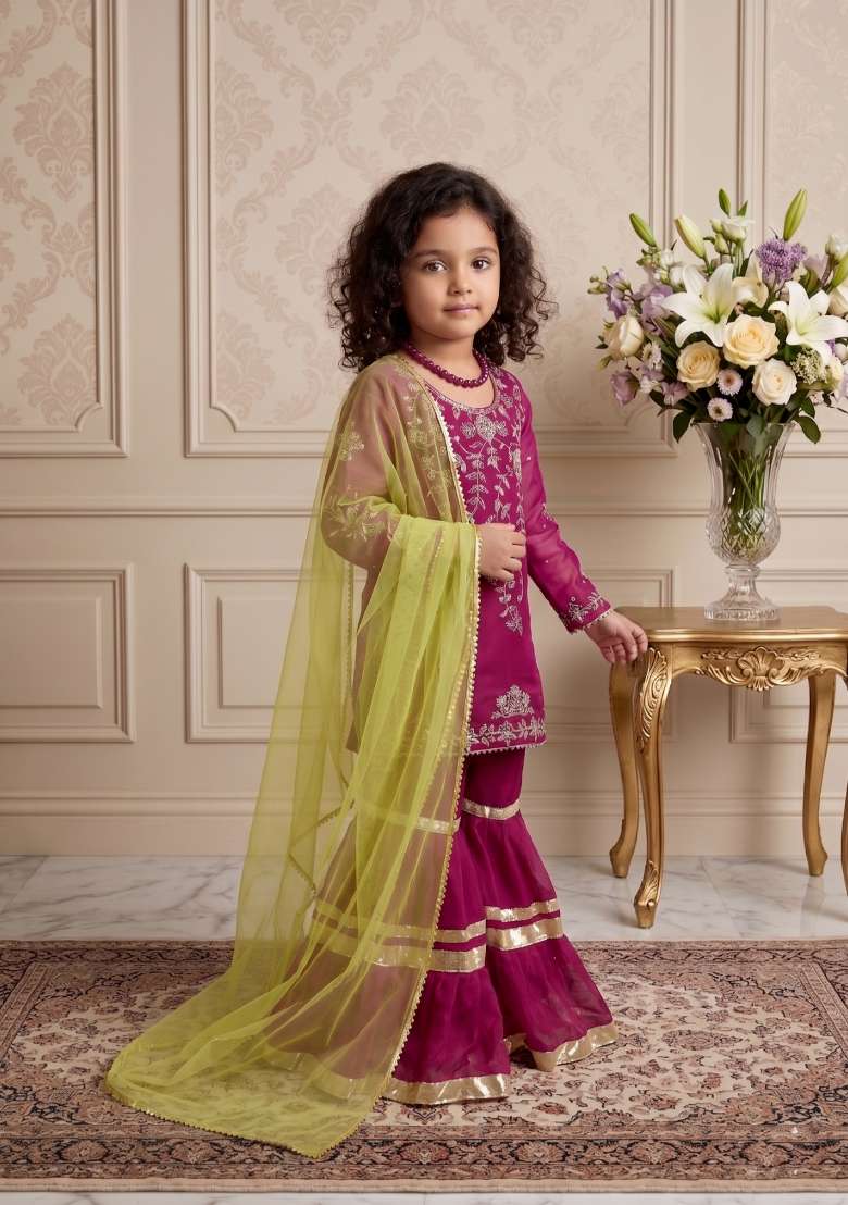 Purple Embroidered Georgette Sharara Set For Girls - Indya