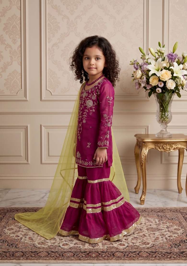 Purple Embroidered Georgette Sharara Set For Girls - Indya