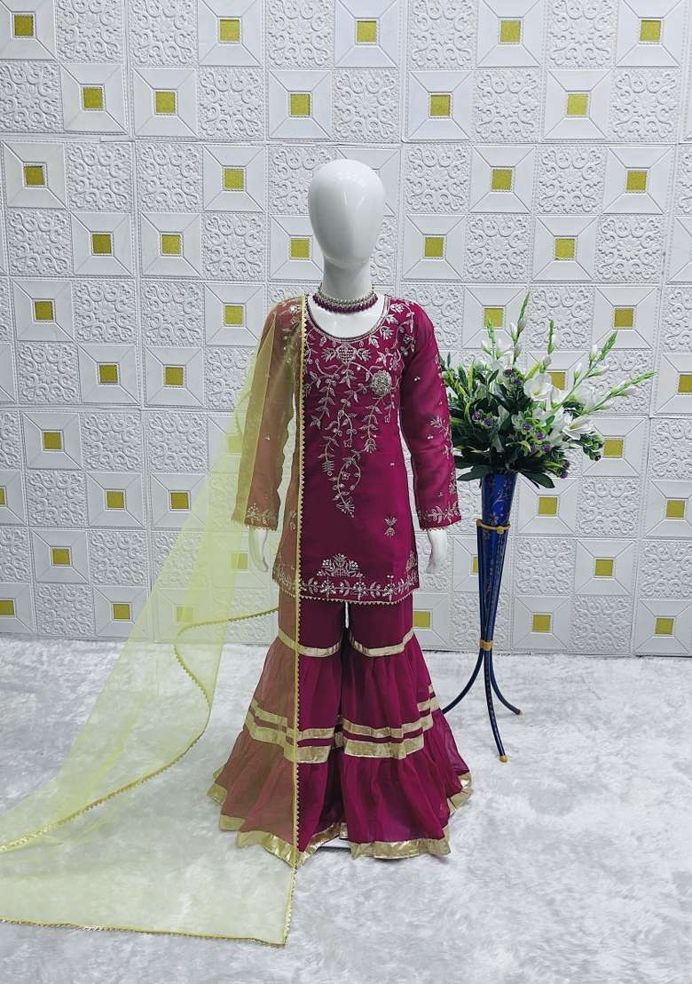 Purple Embroidered Georgette Sharara Set For Girls - Indya