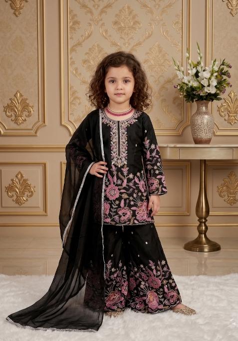 Black Embroidered Silk Salwar Suits For Girls