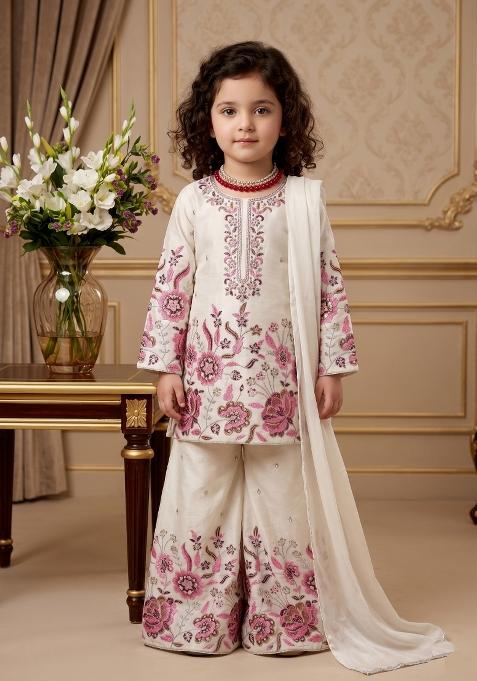 Off White Embroidered Silk Salwar Suits For Girls