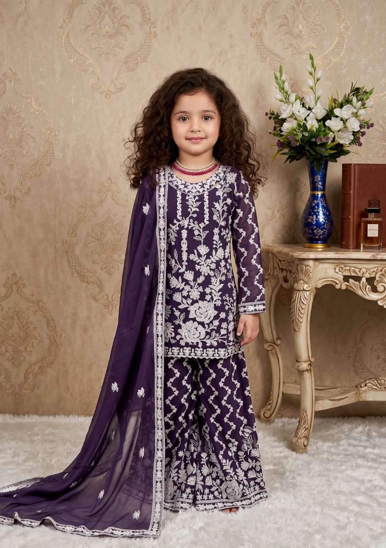 Purple Embroidered Georgette Salwar Suits For Girls - Indya