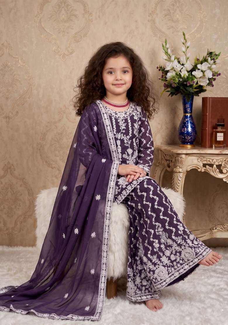 Purple Embroidered Georgette Salwar Suits For Girls - Indya