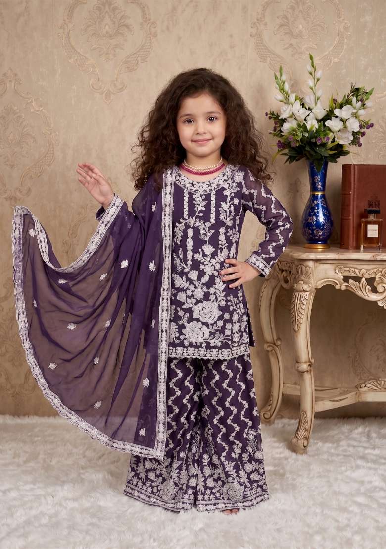 Purple Embroidered Georgette Salwar Suits For Girls - Indya