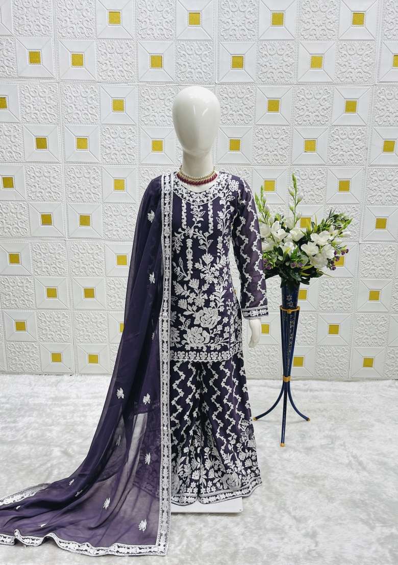 Purple Embroidered Georgette Salwar Suits For Girls - Indya