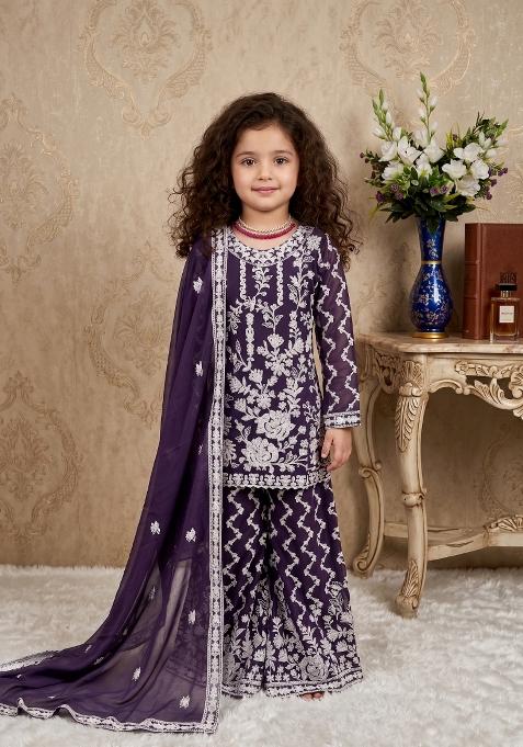 Purple Embroidered Georgette Salwar Suits For Girls